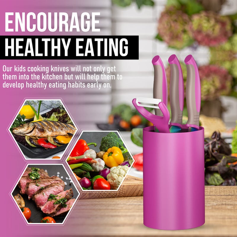 TruChef 5-Piece Kids Knife Set for Real Cooking | Stainless Steel Chef, Paring & Serrated Knives with Peeler & Holder | Safe Junior Chef Cooking Set for Kids (5 pcs, Pink) - Image 5